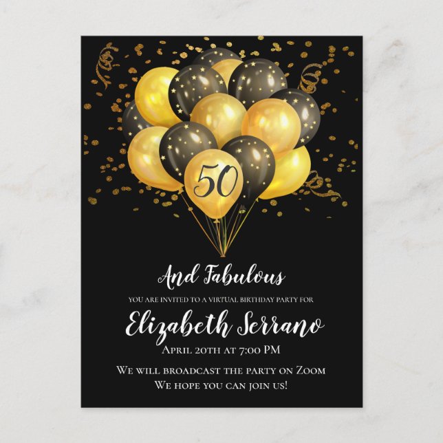 Carte Postale Gold Black Virtual 50th Birthday Party (Devant)