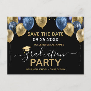 Carte Postale Gold Blue Graduation Party Enregistrer la date Car