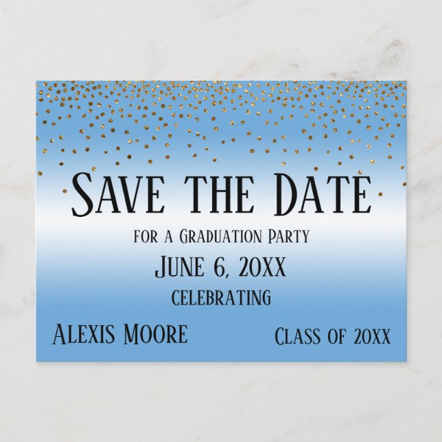 Carte Postale Gold Confetti Blue Graduation Party Enregistrer la (Devant)