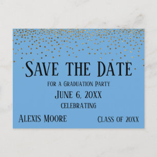 Carte Postale Gold Confetti Blue Graduation Party Enregistrer la