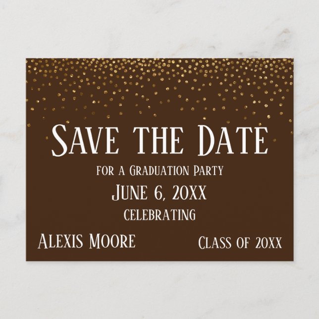 Carte Postale Gold Confetti Brown Graduation Party Enregistrer l (Devant)