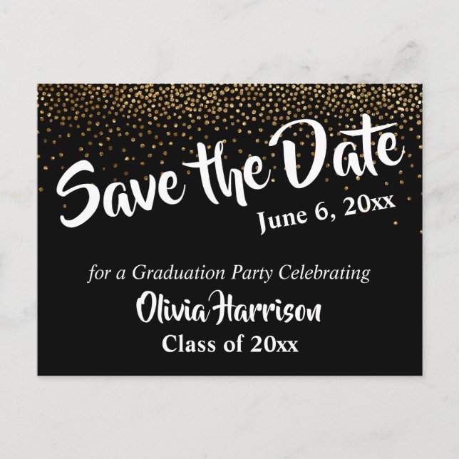 Carte Postale Gold Confetti et Black Graduation Enregistrer la d (Devant)