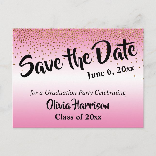 Carte Postale Gold Confetti Pink Graduation Enregistrer la date (Devant)