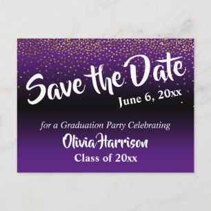 Carte Postale Gold Confetti Purple Graduation Enregistrer la dat