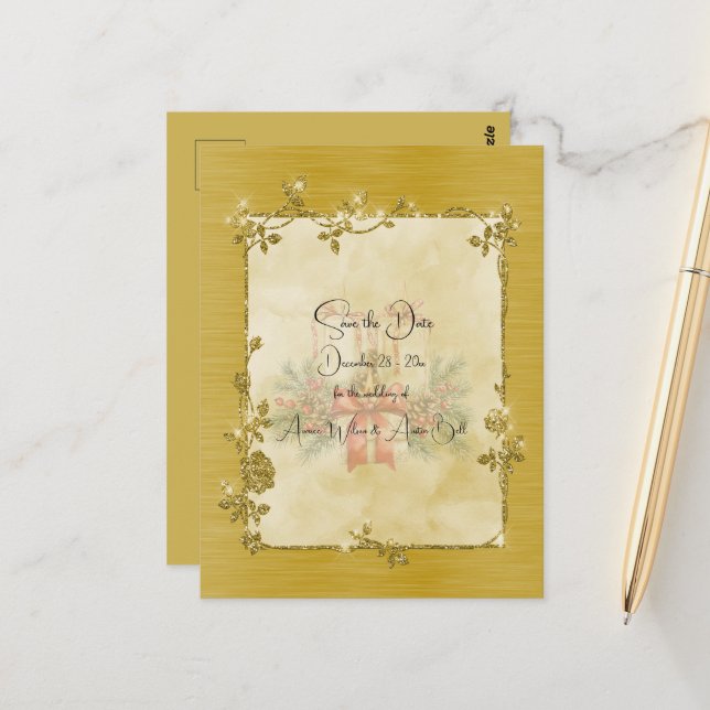 Carte Postale Gold Elegant Sparkly Frame Save the Date (Devant/Arrière en situation)