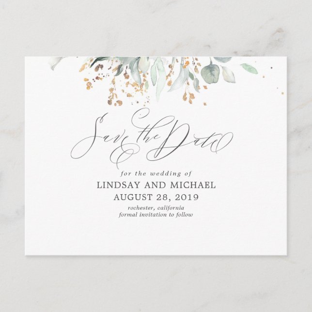 Carte Postale Gold Feuille Green Boho Enregistrer la date (Devant)