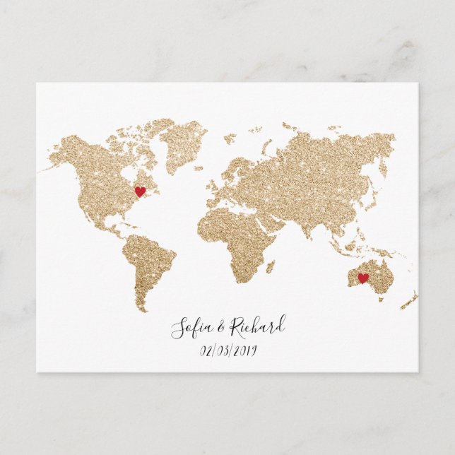 Carte Postale Gold Foil World Map avec des coeurs amovibles coup (Devant)