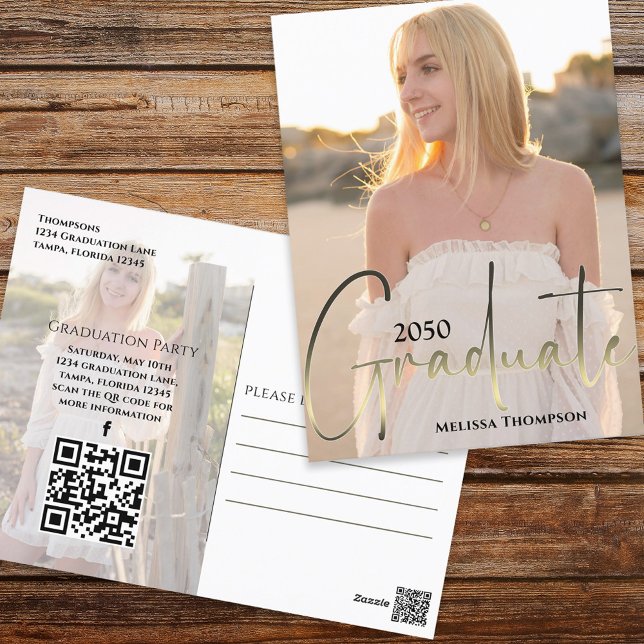 Carte Postale Gold Graduate Script Black Photo QR Code Site Web (Créateur téléchargé)