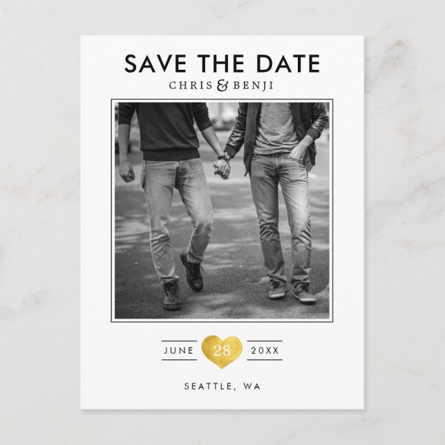 Carte Postale Gold Heart LGBTQ Enregistrer la date avec la photo (Devant)