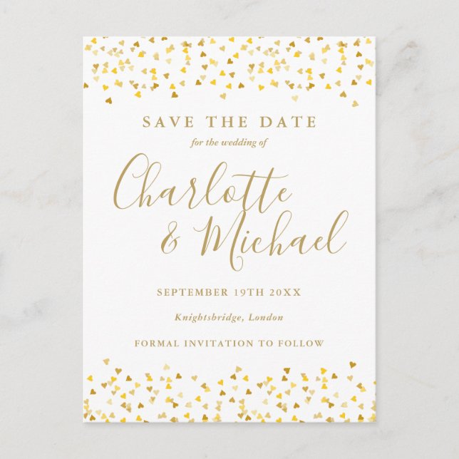 Carte Postale Gold Hearts Confetti Enregistrer la date (Devant)