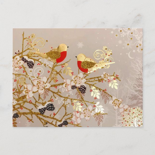 Carte Postale Gold hiver Oiseaux de neige Pays Noël (Devant)