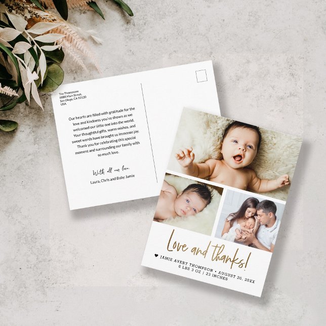 Carte Postale Gold Love et Merci Baby Photo Faire-part de naissa (Love and thanks gold script baby photo postcard thank you card.)