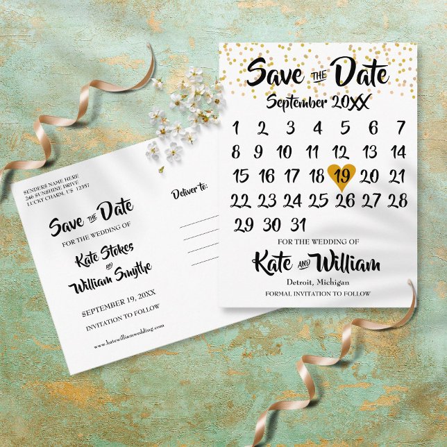 Carte Postale Gold Love Heart Calendar Enregistrer la date (Créateur téléchargé)