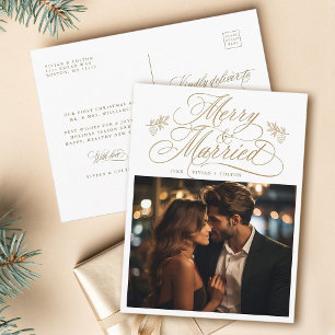 Carte Postale Gold Merry & Marié Newly Weds Photo de Noël
