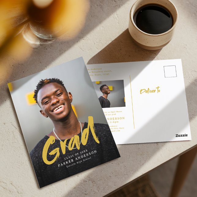 Carte Postale Gold Modern Brush Script Photo Graduation (Gold Modern Brush Script Photo Graduation Postcard)