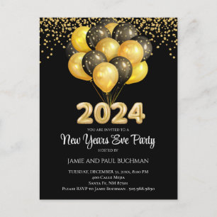Carte Postale Gold On Black New Years Eve Balloons Party