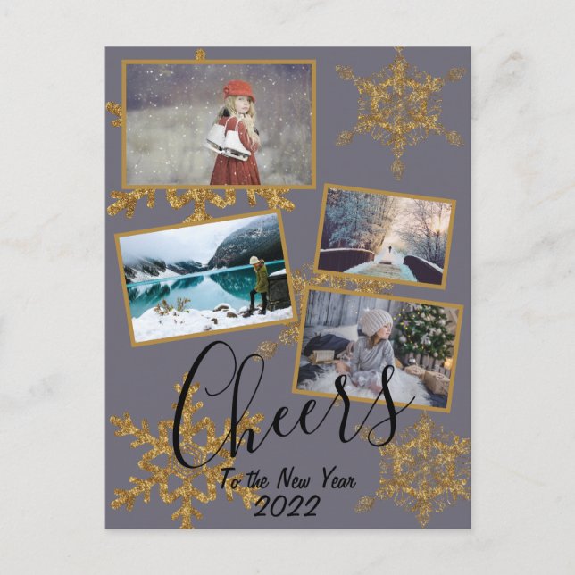 Carte Postale Gold Purple Cheers Flocon de neige 4 Photos Fête (Devant)