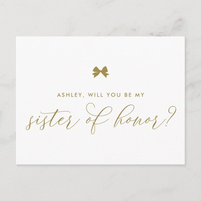 Carte Postale Gold Ribbon Bow Vous serez Ma Soeur d'Honneur (Devant)