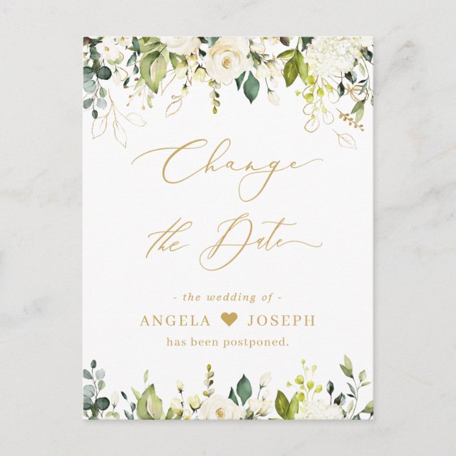 Carte Postale Gold Script Modifier la date Verdure Roses blanche (Devant)