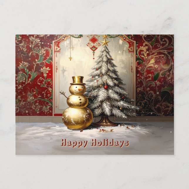 Carte Postale Gold Snowman Christmas Tree Holiday Postcard (Devant)