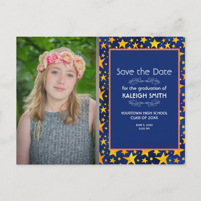 Carte Postale Gold Stars Marine Blue Photo Graduation Enregistre (Devant)