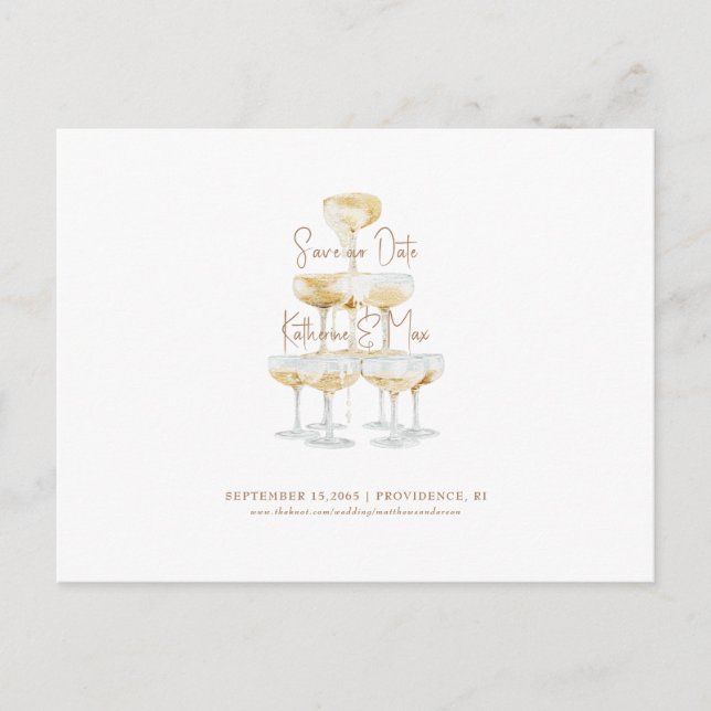 Carte Postale Gold Text Champagne Tower Économisez notre date (Devant)