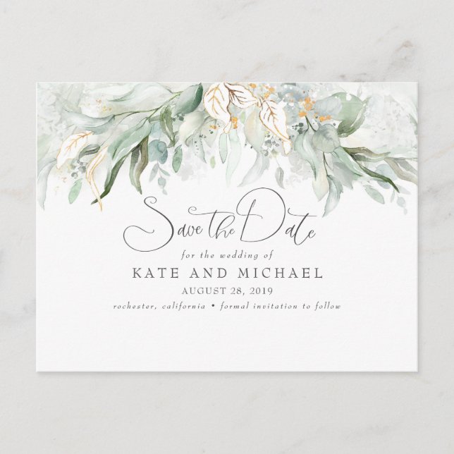 Carte Postale Gold Touch Greenery Romantique Enregistrer la date (Devant)