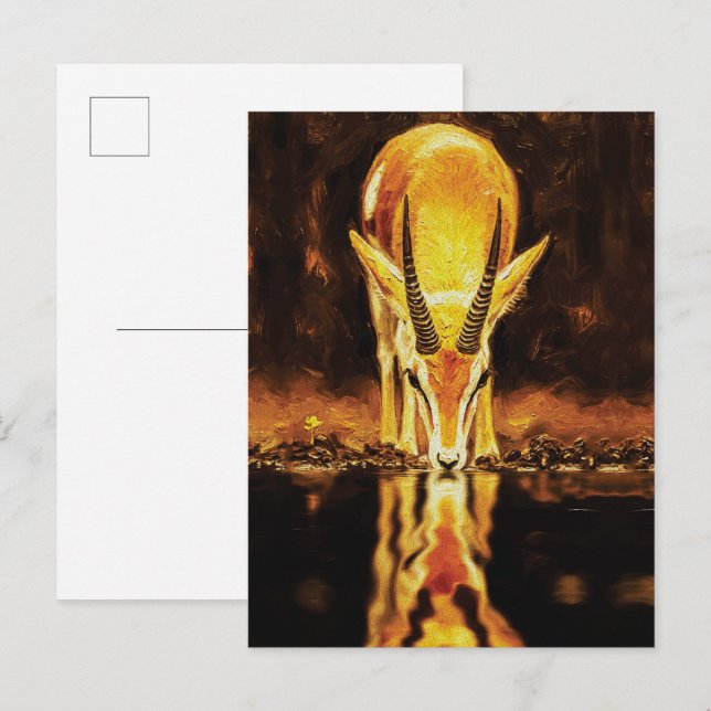Carte Postale Golden Gazelle Drinking Water – Textured Oil Paint (Devant / Derrière)