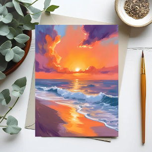 Carte Postale Golden Hour Orange Sunset Beach Peinture Océan