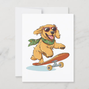 Carte Postale Golden Retriever Chien Skateboard