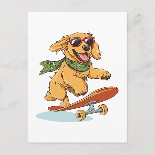 Carte Postale Golden Retriever Chien Skateboard (Devant)