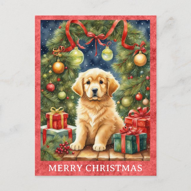 Carte Postale Golden Retriever Joyeux Noël mignon Chien chiot (Devant)