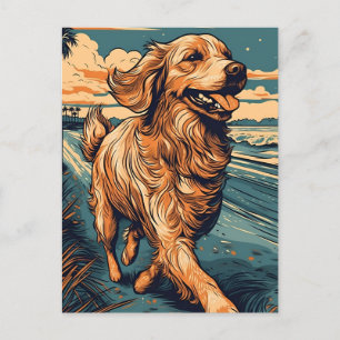 Carte Postale Golden Retriever sur une plage tropicale au couche