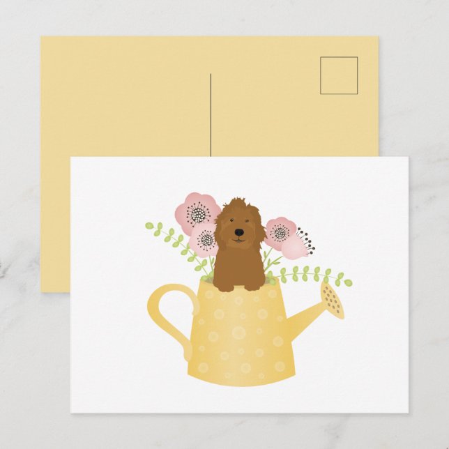 Carte Postale Goldendoodle Dans L'Arrosage Can Jaune (Devant / Derrière)