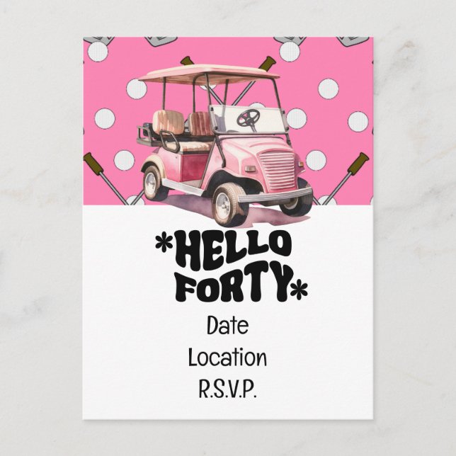 Carte Postale Golf 40e anniversaire avec chariot rose golfeuse (Devant)
