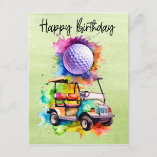 Carte Postale Golf Anniversaire avec voiturette