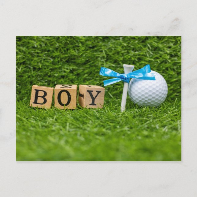 Carte Postale Golf baby shower garçon avec ruban bleu sur vert (Devant)