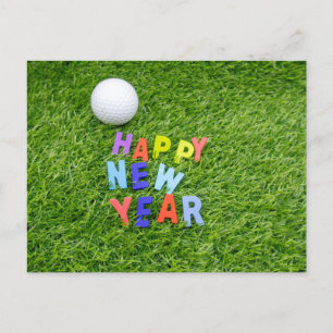 Carte Postale Golf Bonne année avec balle de golf sur herbe vert