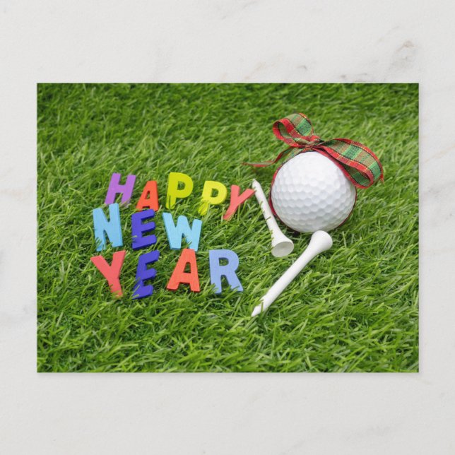 Carte Postale Golf Bonne année avec balle de golf sur herbe vert (Devant)