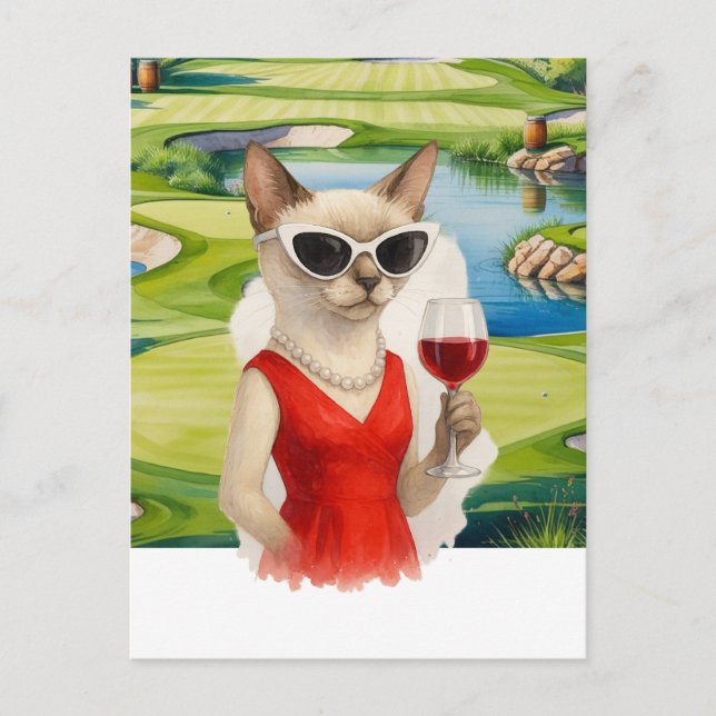Carte Postale Golf Cat boit du vin dans Golf Course (Devant)