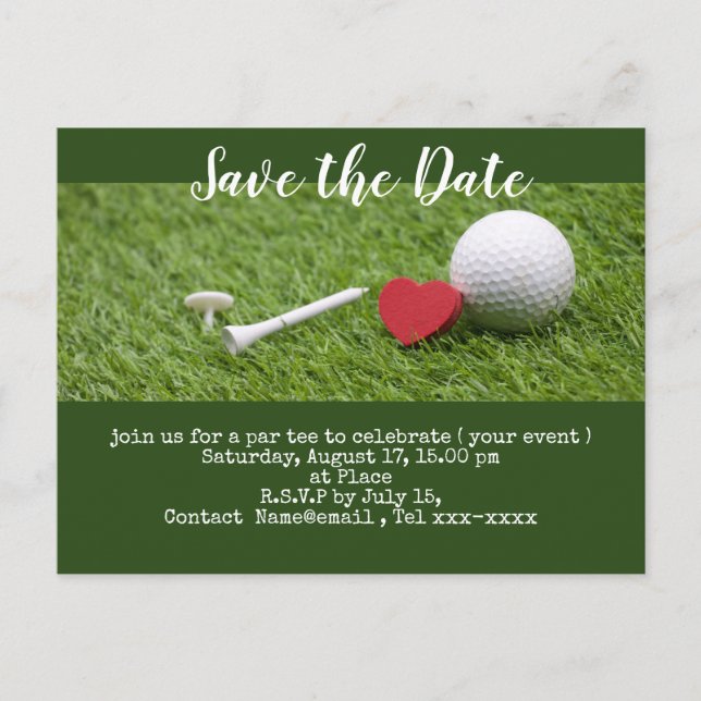 Carte Postale Golf économisez la date avec balle de golf et tee  (Devant)