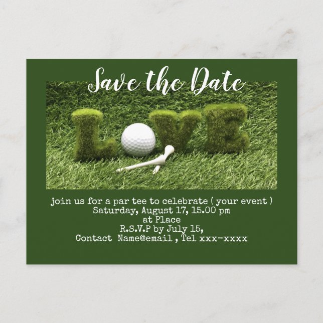 Carte Postale Golf économisez la date avec balle de golf et tee  (Devant)