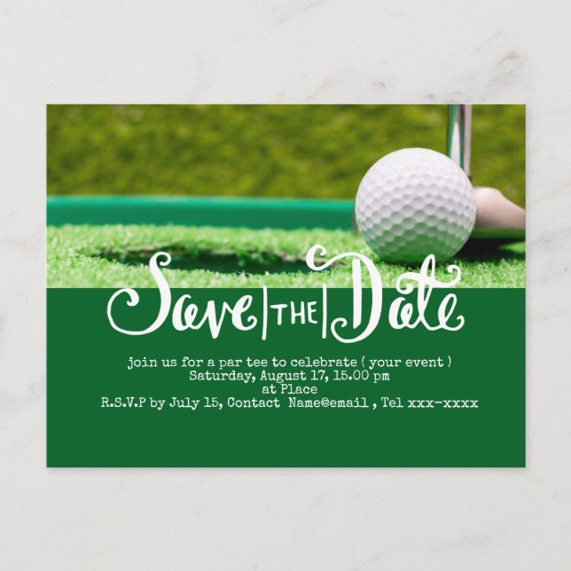 Carte Postale Golf économisez la date avec golf ball et club (Devant)