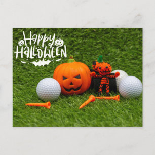 Carte Postale Golf Happy Halloween avec Citrouille et Golf Ball
