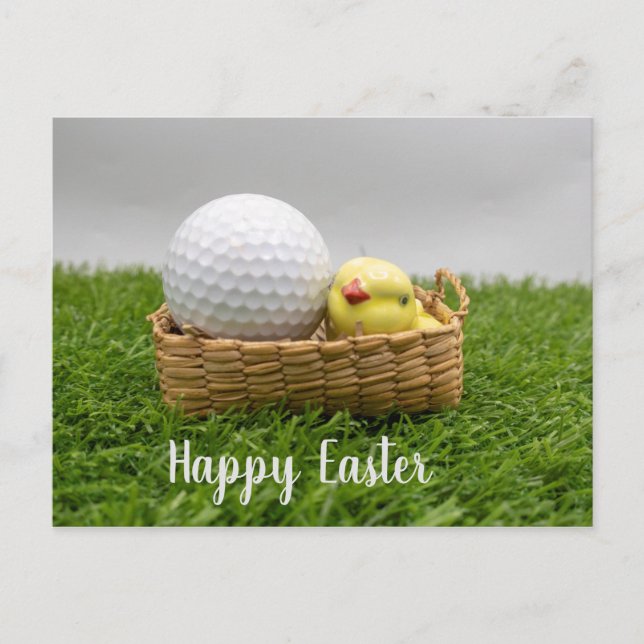 Carte Postale Golf Happy Pâques avec balle de golf et poulet (Devant)