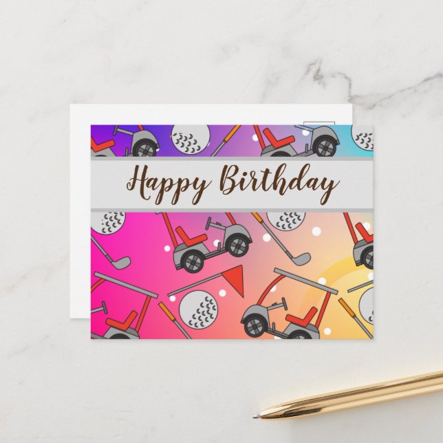 Carte Postale Golf Joyeux Anniversaire avec drapeau et chariot d (Devant/Arrière en situation)