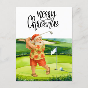 Carte Postale Golf Joyeux Noël avec le Père Noël au drapeau