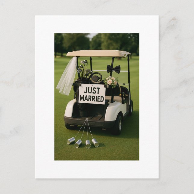 Carte Postale Golf Just Marié avec voiturette de golf (Devant)