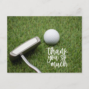 Carte Postale Golf Merci avec balle de golf et putter sur le gre