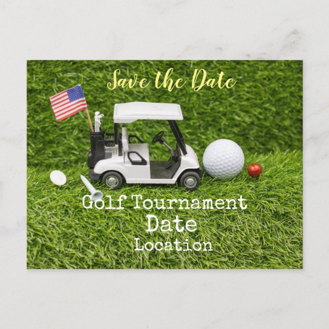 Carte Postale Golf Sauvez la date avec balle de golf et drapeau  (Devant)
